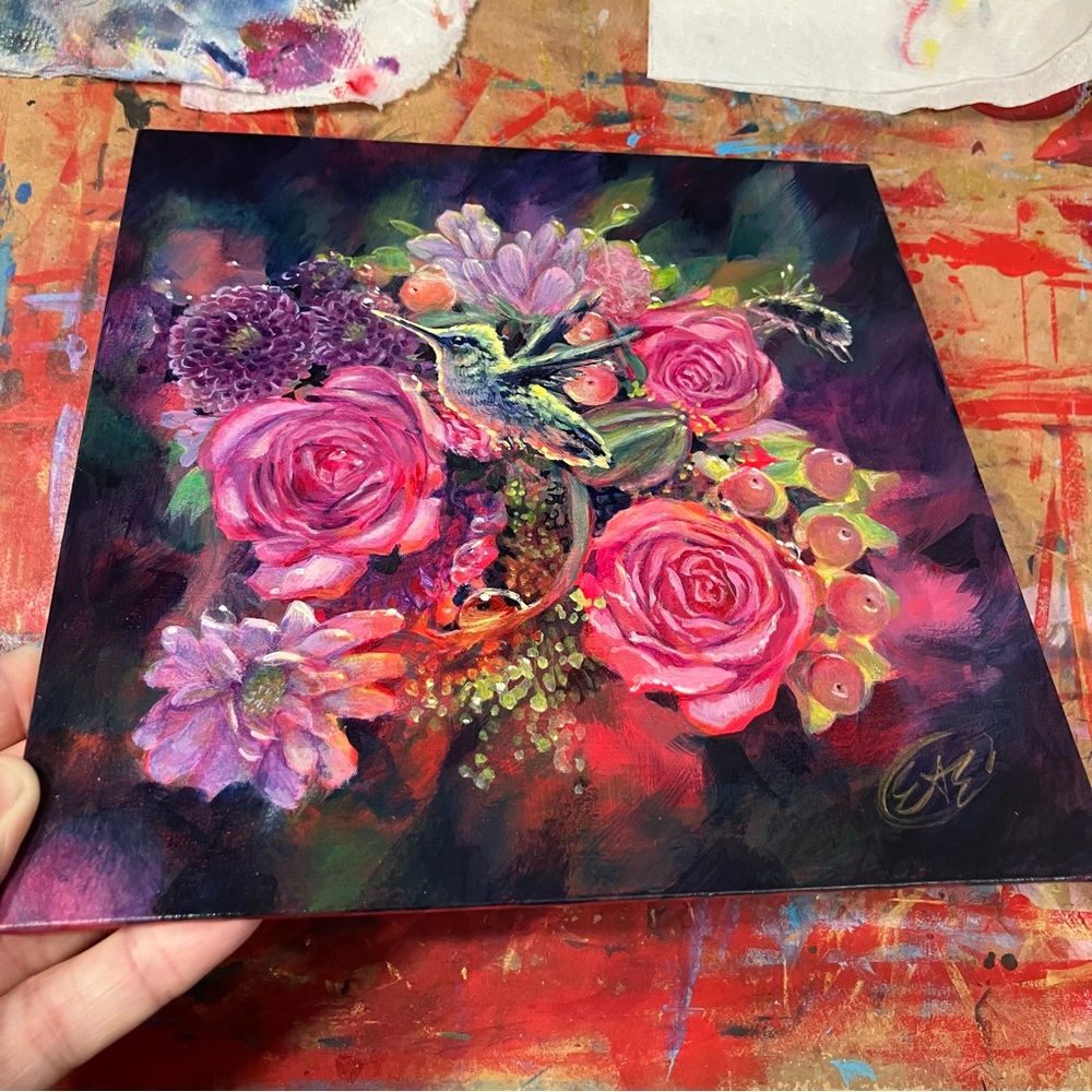 ORIGINAL hummingbird floral painting bumblebee art ladybug bouquet flowers
